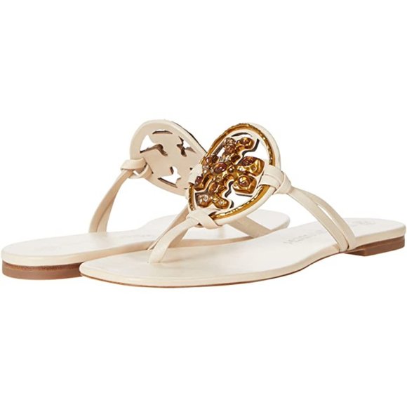 Tory Burch NIB Miller Jeweled Leather Thong Sandals Brie Cream Beige - Picture 11 of 15